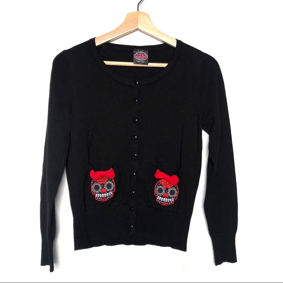 Too Fast Sugar Skull Pocket Cardigan Sweater Rockabilly Halloween Y2K - Picture 2 of 8